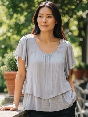 hazel Light Gray Layered Flutter Sleeve Blouse